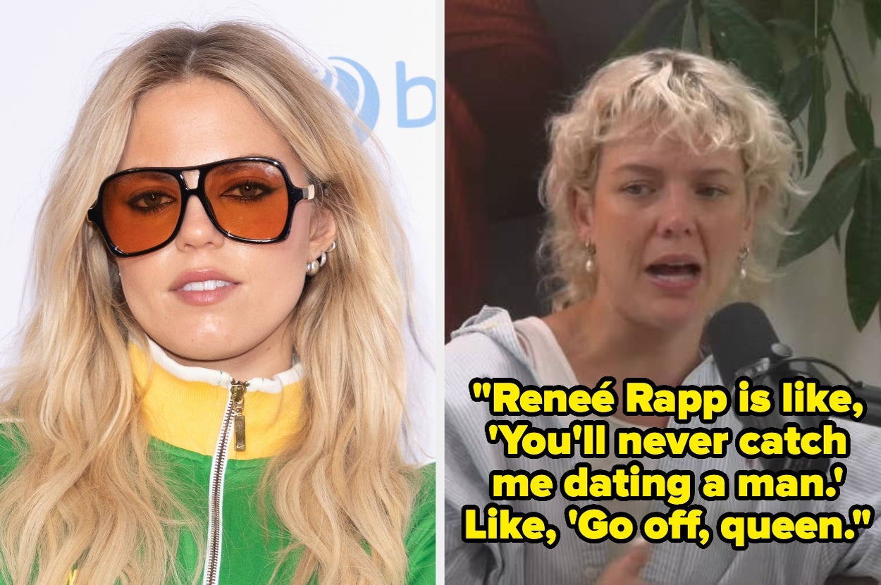 Left: Person in sunglasses with long hair. Right: Person speaking with text: "Reneé Rapp is like, 'You'll never catch me dating a man.' Like, 'Go off, queen.'"