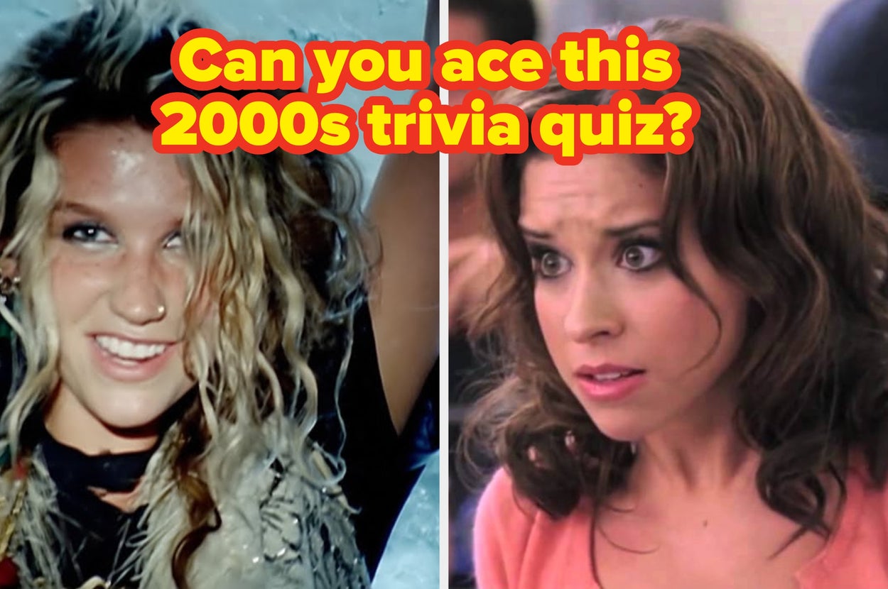 Split image with text: "Can you ace this 2000s trivia quiz?" Left: Person with wavy hair smiling. Right: Person with wavy hair looks surprised