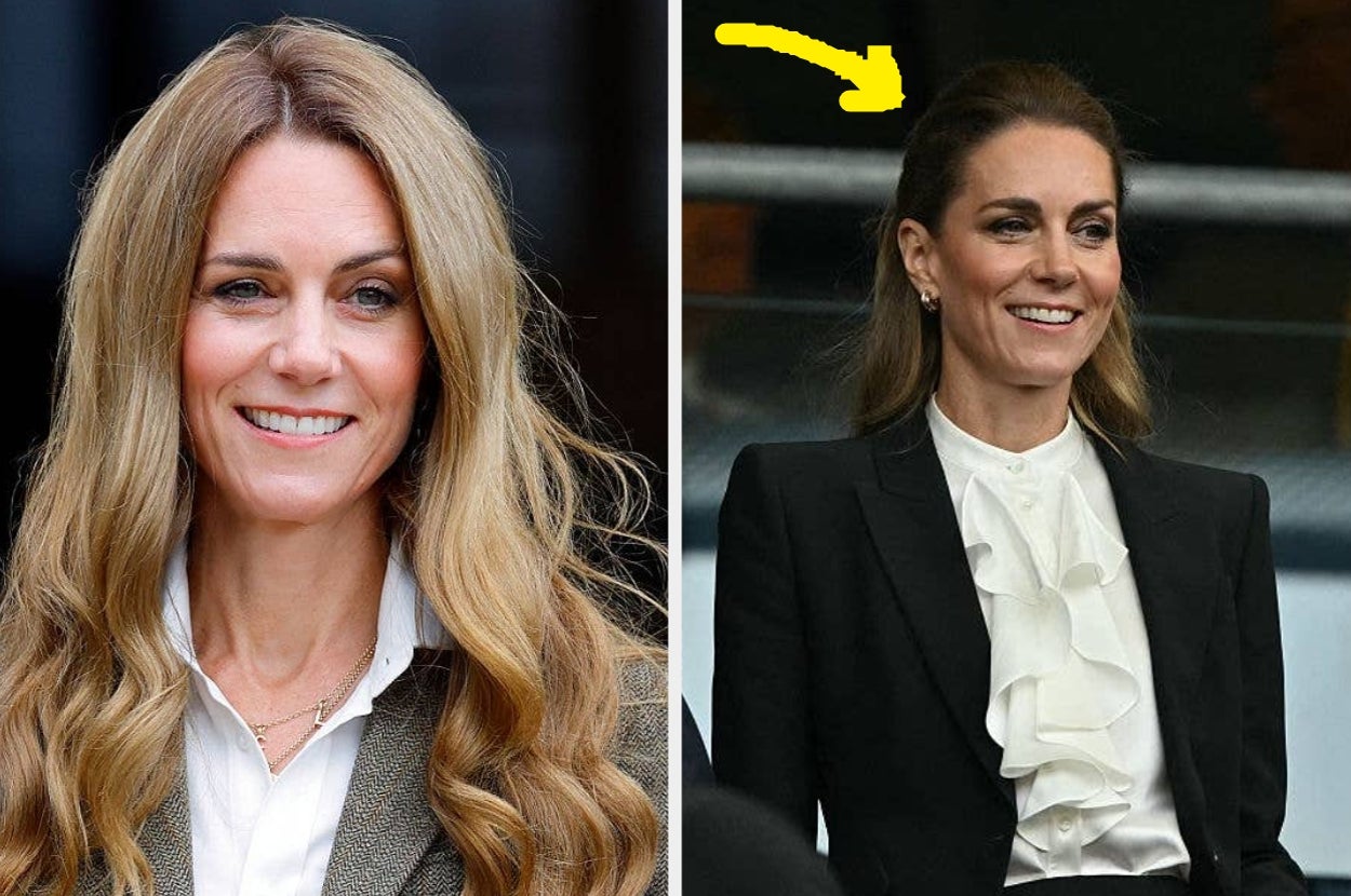 Two images side by side of a woman with long hair. Left: casual jacket; Right: formal black suit with a white ruffled blouse