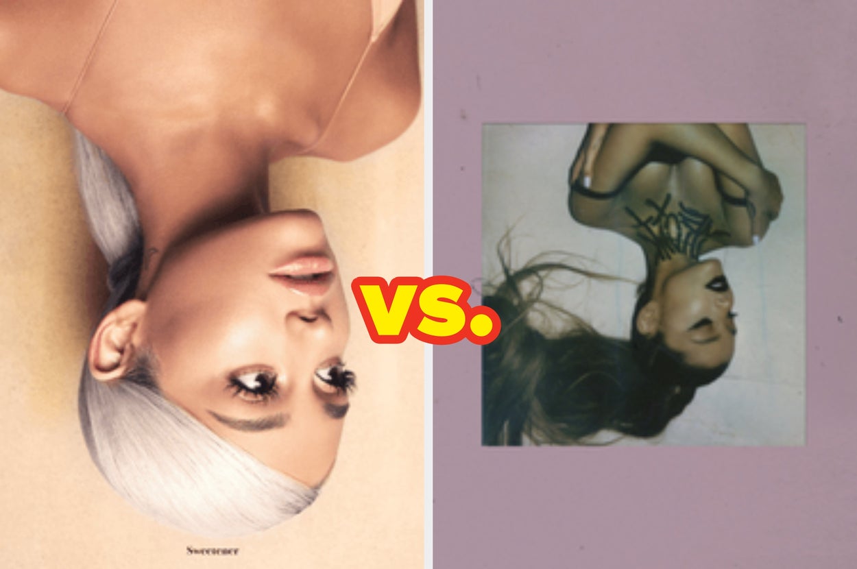 Two upside-down album covers of a woman with long hair, one styled glamorously, the other casually, with a "VS" in the center