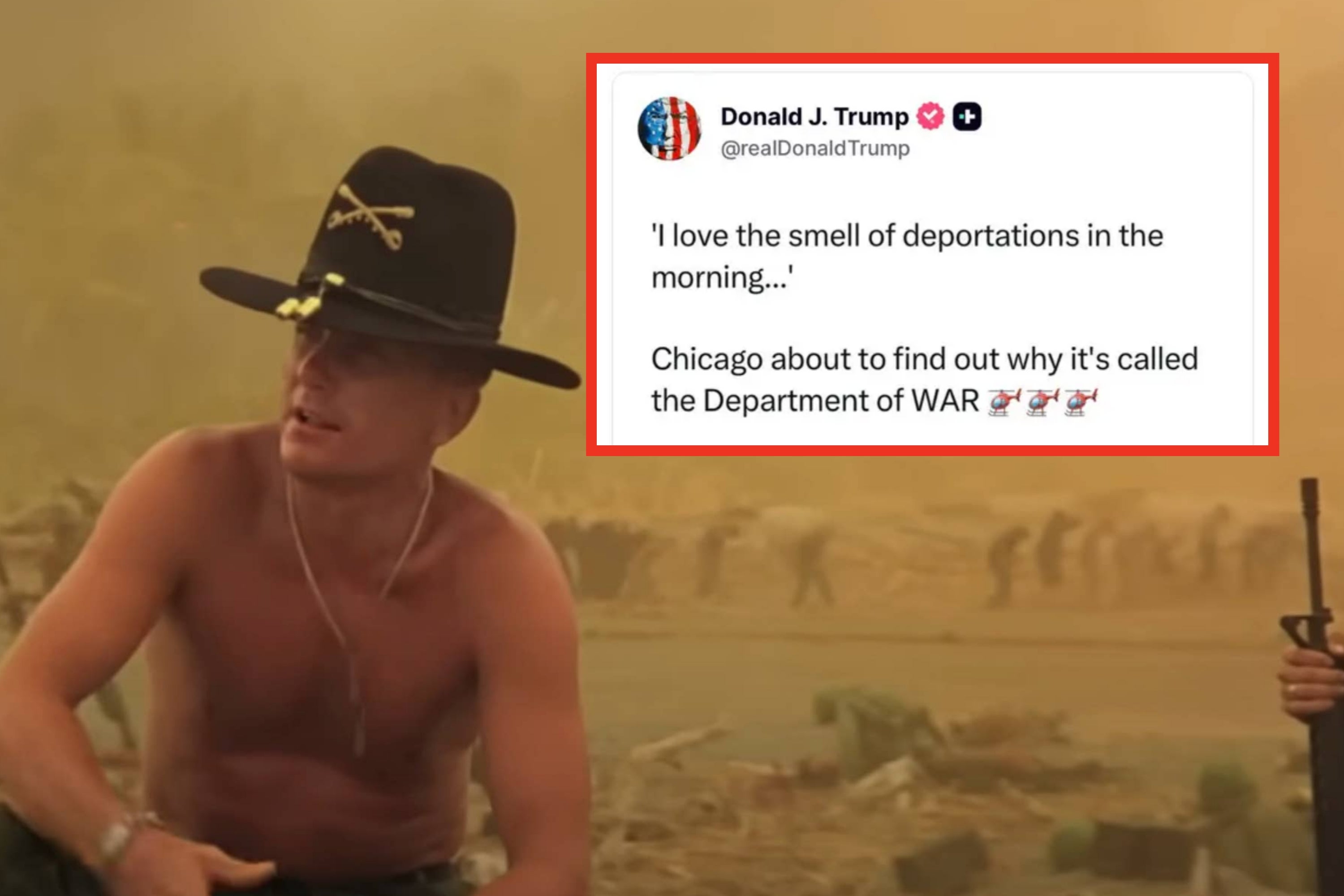 Two images: Left, person in formal attire. Right, person shirtless wearing a hat, appearing in a rugged setting