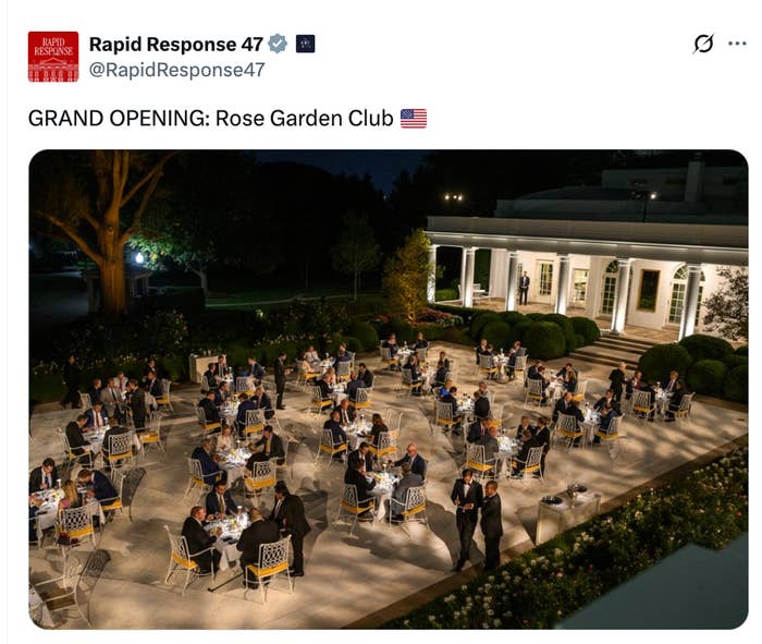 Outdoor evening event at the Rose Garden Club, guests seated at tables, dimly lit elegant setting