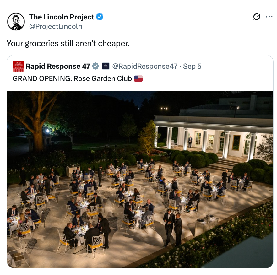Tweet showing an outdoor dining event at the Rose Garden Club, with tables full of people, and overlay text: "Your groceries still aren't cheaper."