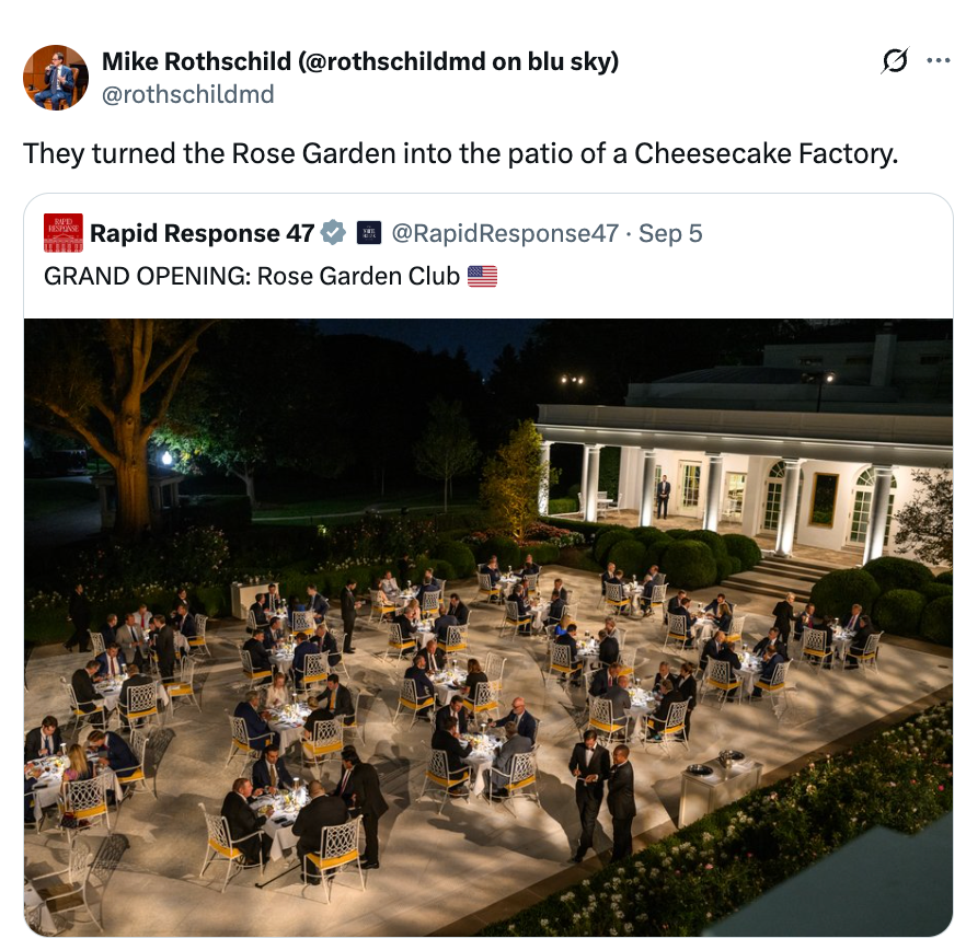 Tweet by Mike Rothschild showing a screenshot of an outdoor dining scene at night, comparing the Rose Garden to a Cheesecake Factory patio