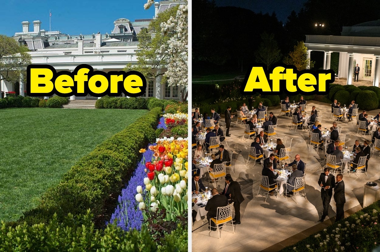 Split image showing a garden before and after a transformation into an outdoor dining area. Text: "Before" and "After."