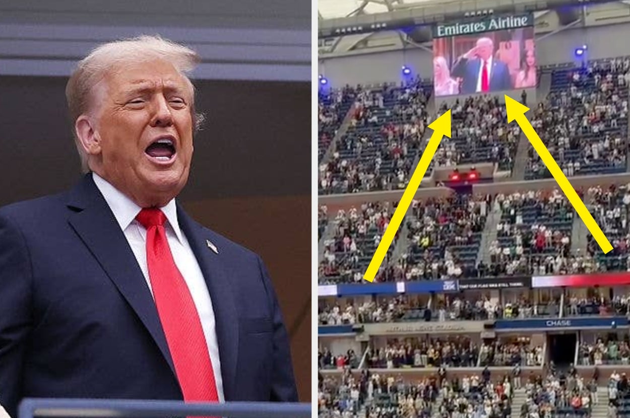 Public figure seen on a sports event screen and live, speaking with open mouth. Crowd in stadium visible in background