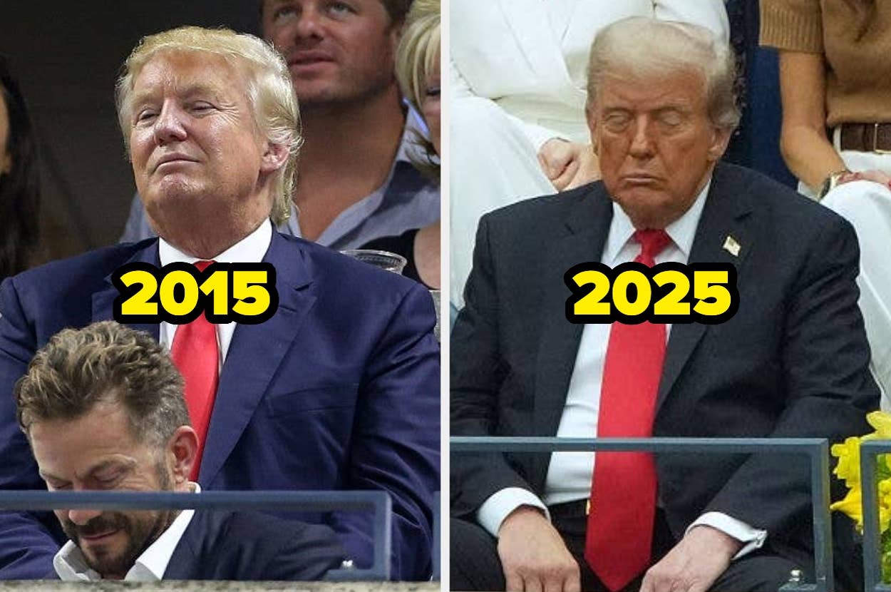 Photo comparison of a man in 2015 and 2025, both in suits and red ties, sitting with eyes closed