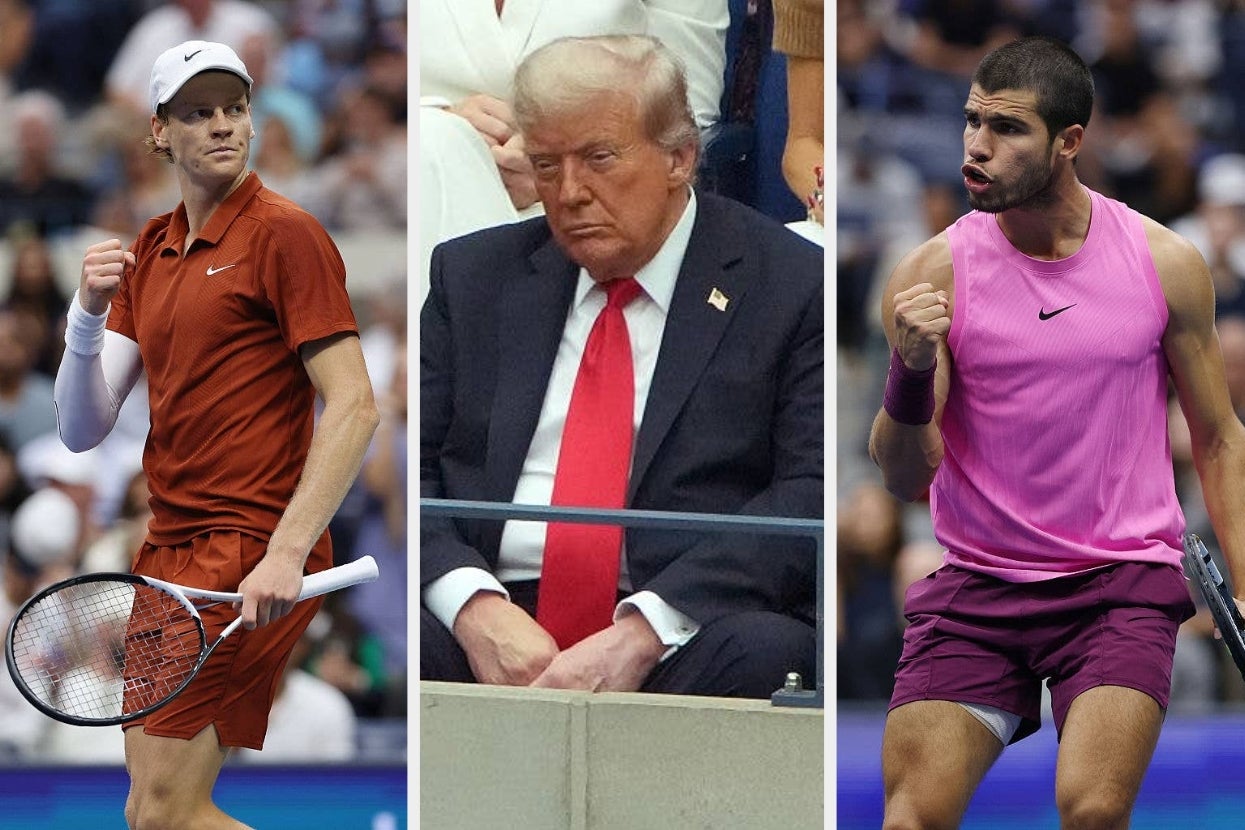 Three men at a tennis event: two athletes in sportswear holding rackets and a man in a suit seated, showing varied expressions