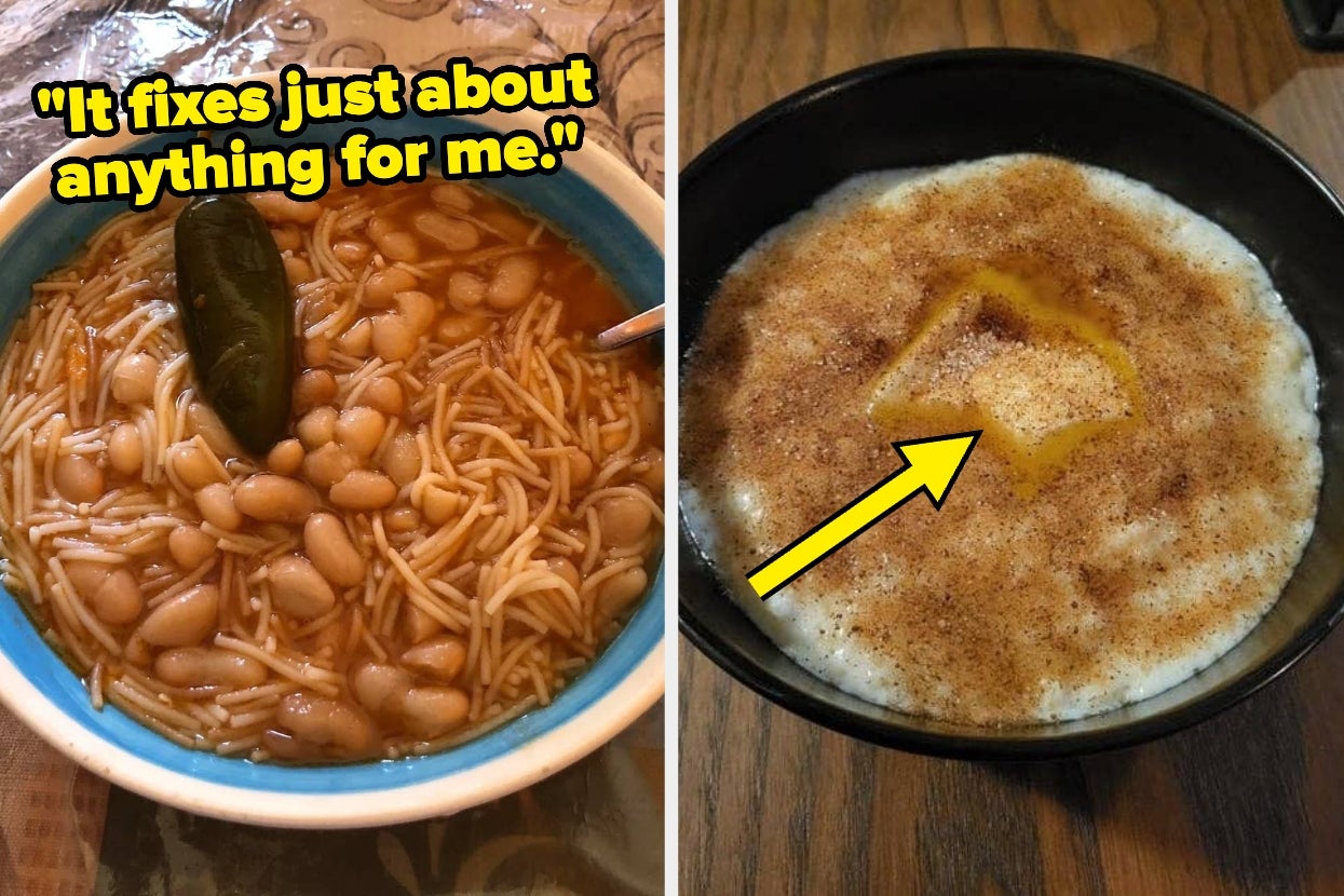 Left: Noodle soup with beans and a leaf. Right: Rice pudding with cinnamon and a melted butter design on top
