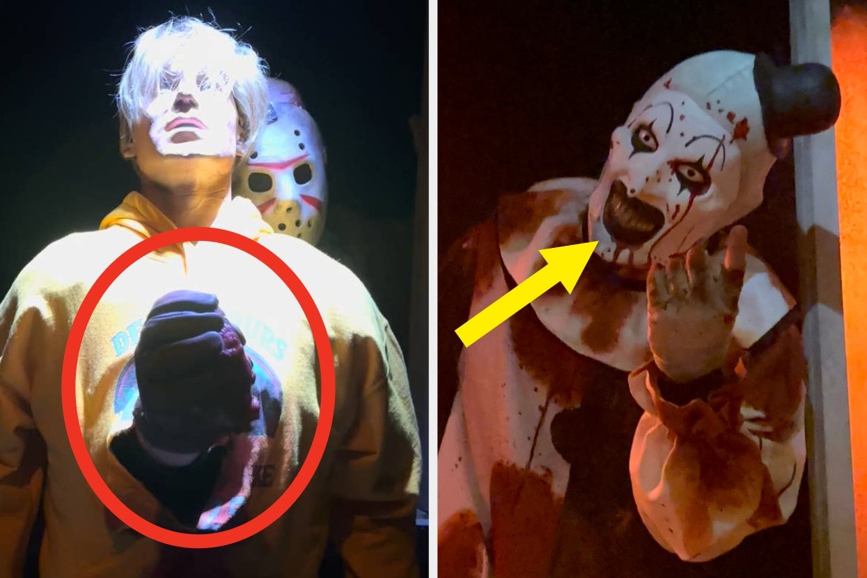 Two spooky figures pose; left: person in hoodie and mask, circled fist raised; right: creepy clown with smeared makeup, yellow arrow pointing at face