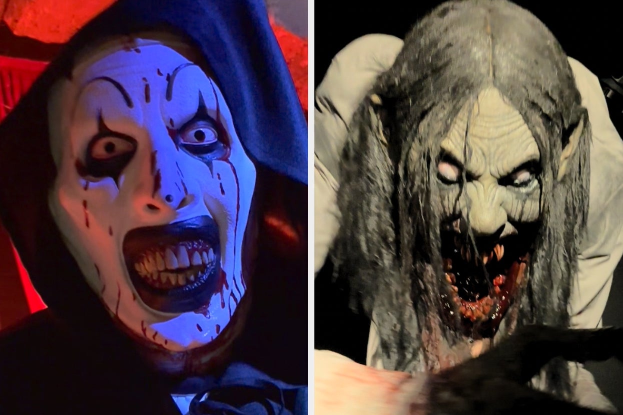 Two eerie figures with dark eye makeup and sharp teeth; one wears a hooded cloak, the other has long hair and a menacing expression