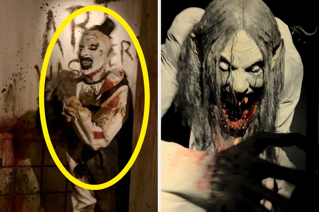 Two Halloween props: a scary clown with sharp teeth on the left, and a creepy zombie with long hair and a bloody mouth on the right