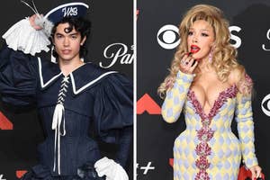 Two celebrities on a red carpet: one in a vintage sailor-inspired outfit, the other in a bold diamond-patterned, low-cut gown