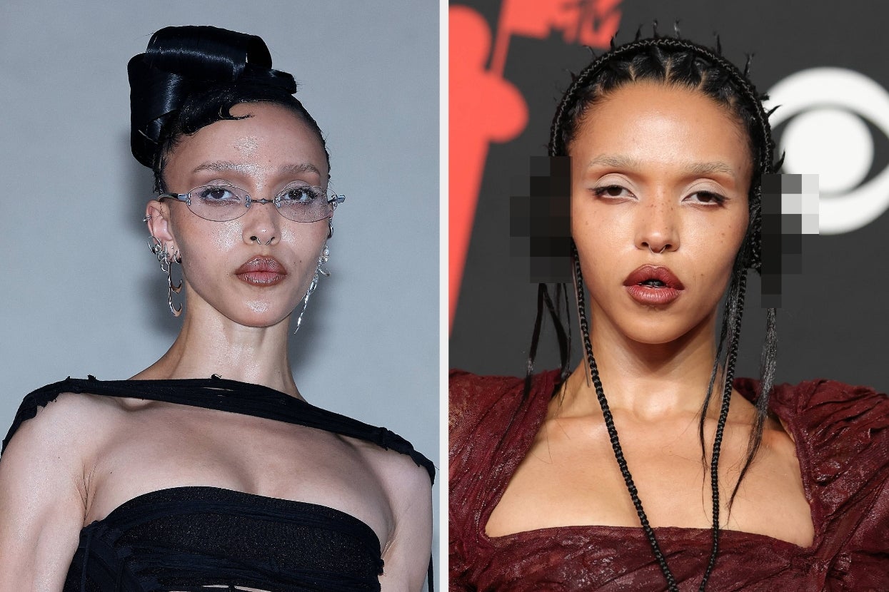 Two images of a celebrity wearing distinctive outfits: left, a black strap top with unique eyewear; right, a textured dress with wide, square ear covers