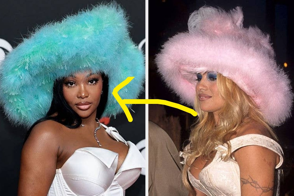 comparison of Summer Walker and Pamela Anderson's fluffy hats