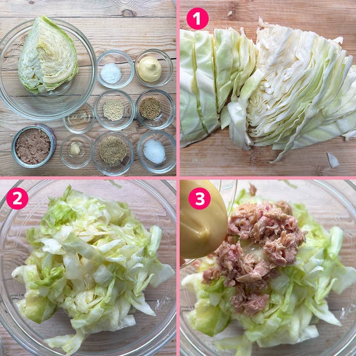 キャベツと調味料を使ったサラダの作り方を3ステップで紹介する画像。