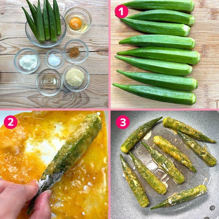 ステップバイステップの画像: オクラの揚げ方。1. オクラ準備。2. 卵と粉をまぶす。3. フライパンで焼く。