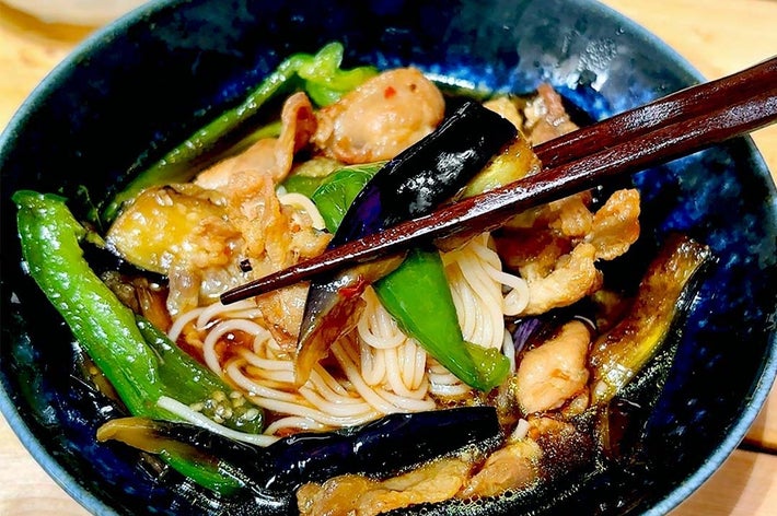 焼き茄子とピーマンがトッピングされた麺料理が器に盛られ、箸で持ち上げられている。
