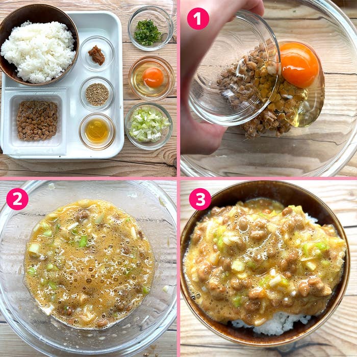 1. 材料が並べられたプレート。
2. ナットウ、卵、ネギの混ぜたボウル。
3. ご飯にかけられたナットウミックス。