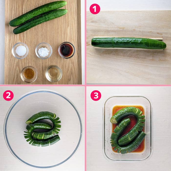 蛇腹きゅうりの作り方。1. きゅうりに切り込み。2. 丸めてボウルに。3. 調味料に漬ける。
