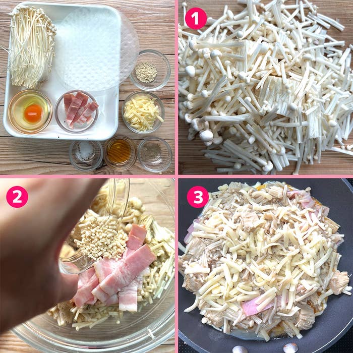 えのき、卵、ベーコン、調味料を混ぜ、焼くまでの料理手順を示す3ステップの画像。