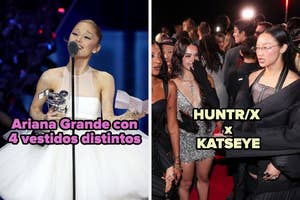 Left: Person in a white dress holding an award. Right: Group on red carpet; stylish outfits, mixed materials. Text: "Ariana Grande con 4 vestidos distintos," "HUNTR/X x KATSEYE."