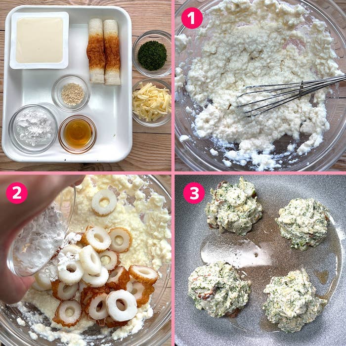 4コマ:豆腐、調味料、ちくわを混ぜて、油を引いたフライパンで揚げている手順。
