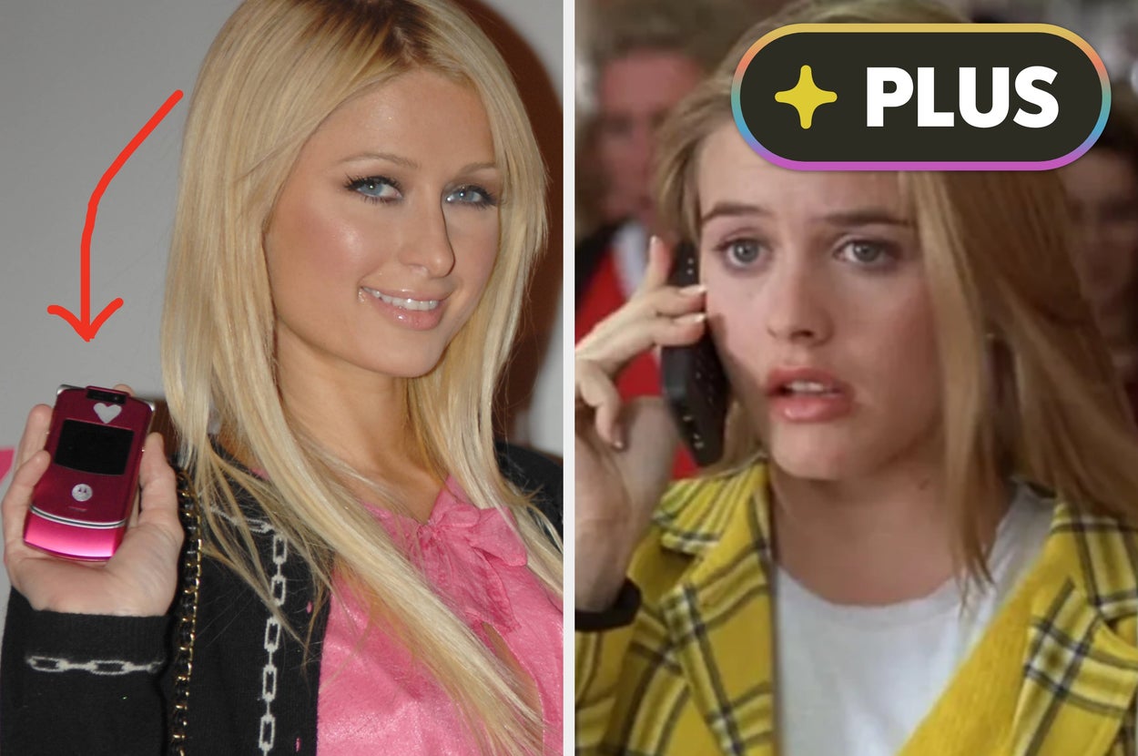 Left: Woman with straight hair holding a flip phone. Right: Woman wearing plaid jacket, holding a cellphone to her ear, looking surprised