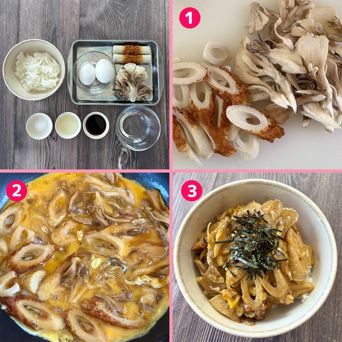 1から3まで調理過程を示す写真。1: 材料、2: 卵とまいたけ、ちくわが混ぜられた状態、3: 料理が盛り付けられた状態。