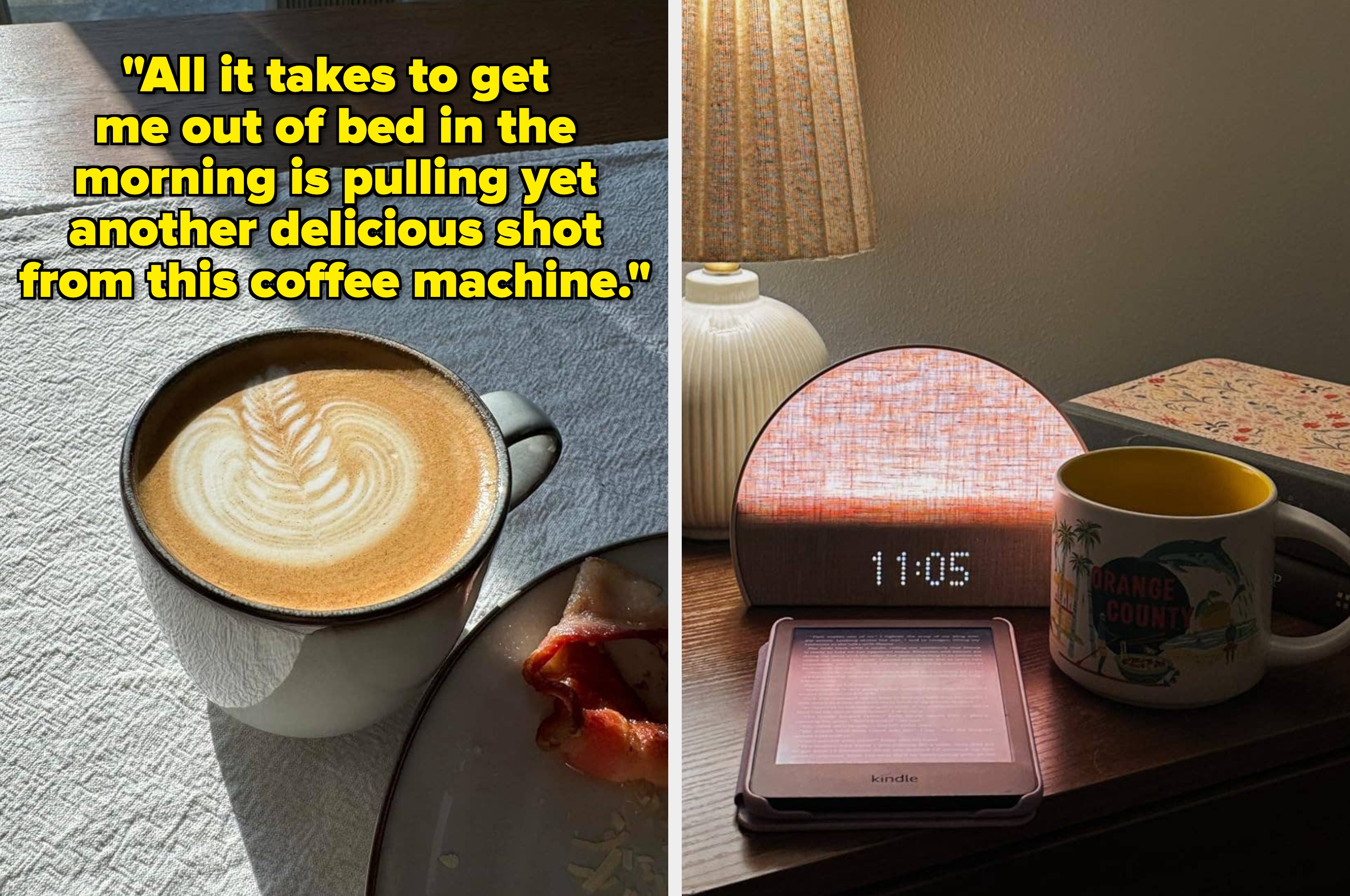 A latte with latte art and a Kindle next to a lamp and clock reading 11:05, accompanied by a mug and a plate