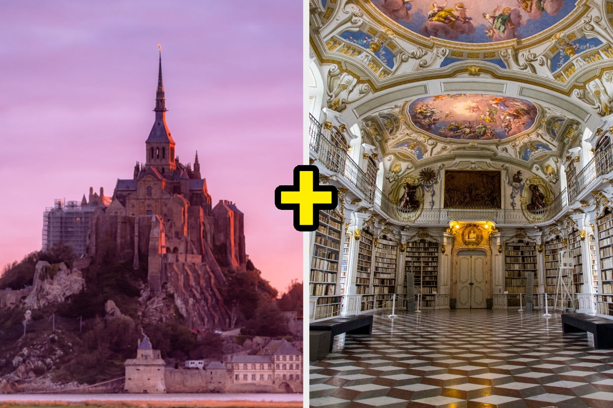 Left: Mont Saint-Michel on rocky island. Right: Lavish library with ornate ceiling and grand bookshelves
