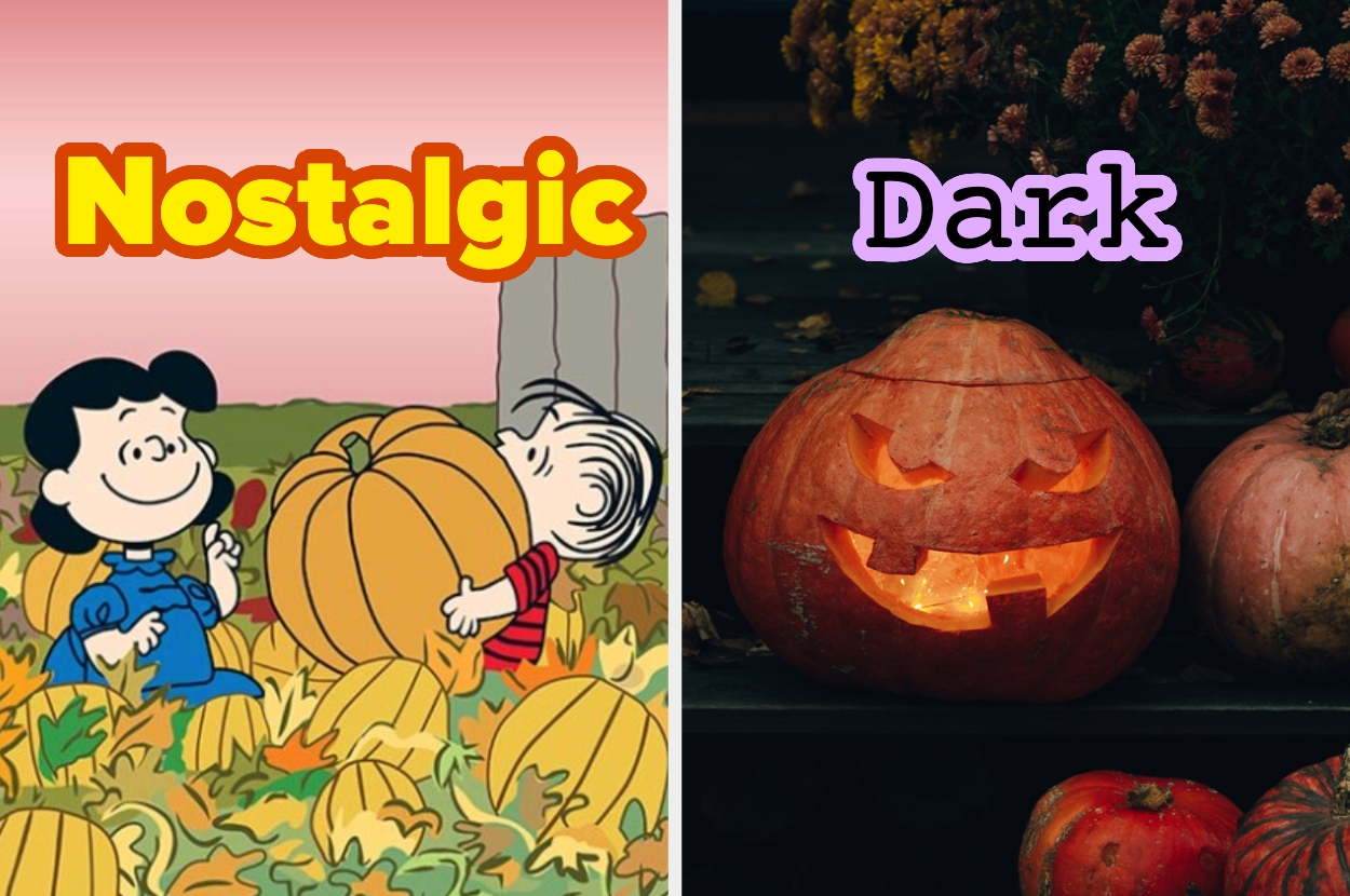 Left: Lucy and Linus with a pumpkin from "Charlie Brown," labeled "Nostalgic." Right: Carved pumpkin with a lit face, labeled "Dark."