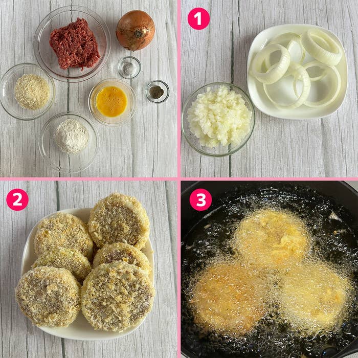 調理手順: ひき肉、玉ねぎ、パン粉、卵、小麦粉、スパイスを混ぜ、玉ねぎを衣で揚げるステップを示す。