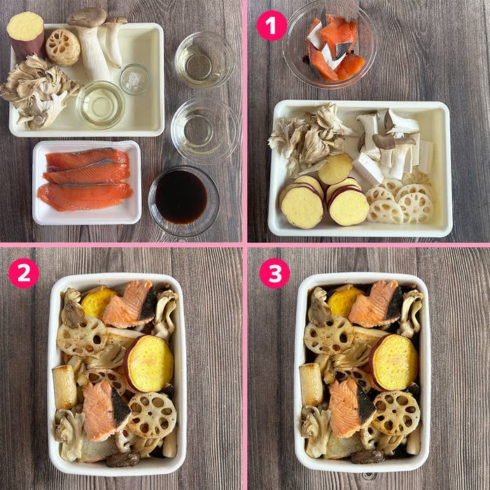 テーブルに並べられた料理の材料(サケ、れんこん、きのこなど)と、調理工程を示す3ステップの画像。
