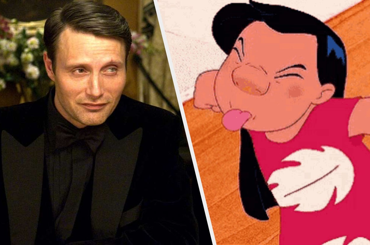 Left: Person in formal attire with a subtle smile. Right: Animated character sticking out their tongue playfully