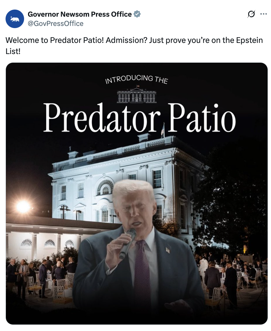 A digitally manipulated image shows a public figure speaking in front of a building, with a satirical caption referencing the "Predator Patio."