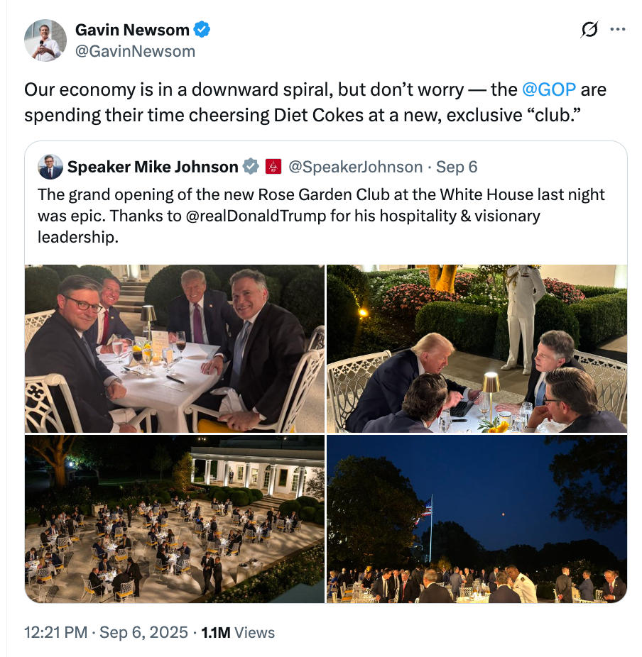 Social media post showing politicians dining at an exclusive event, with a tweet regarding economic concerns and GOP leisure activities
