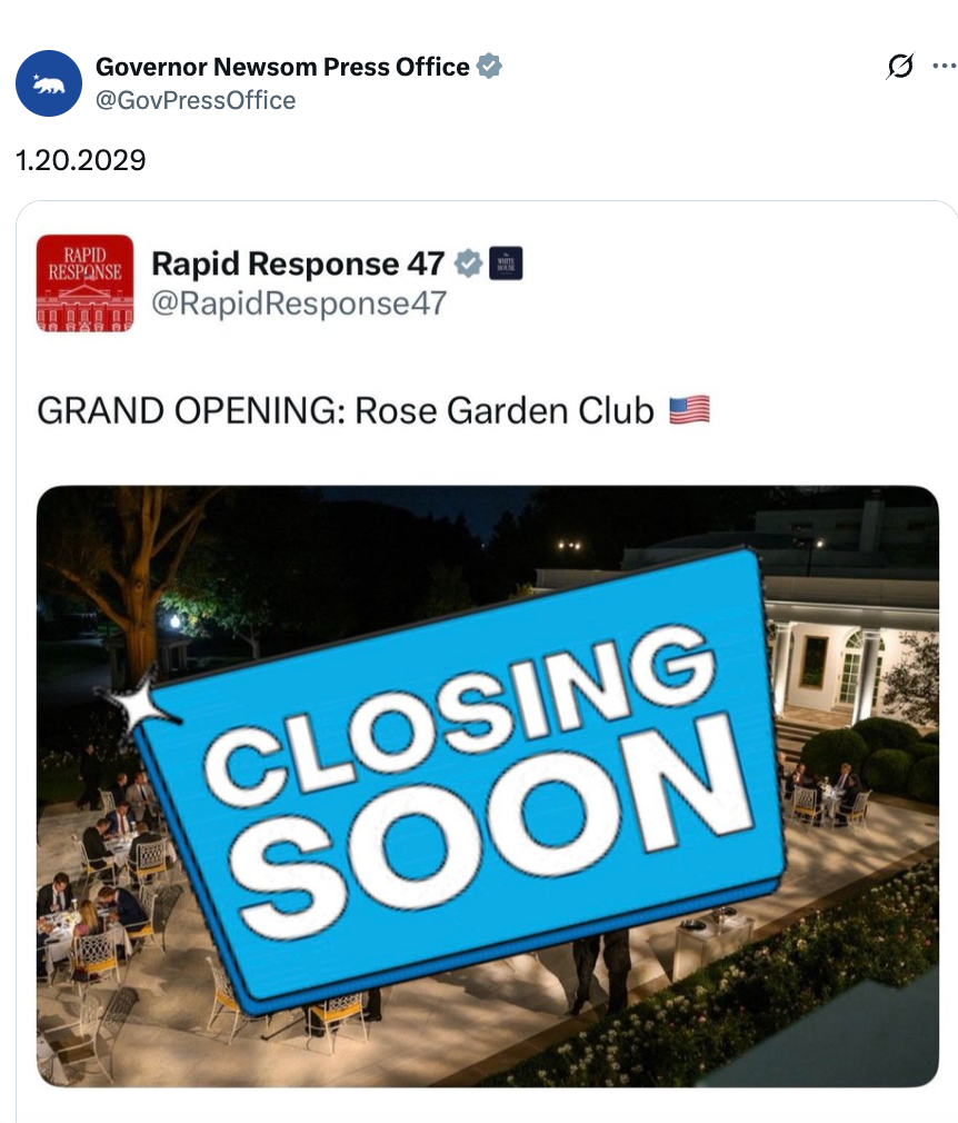Tweet from @GovPressOffice dated 1.20.2029 shows a conflicting tweet from @RapidResponse47 about a garden club's grand opening and closing soon