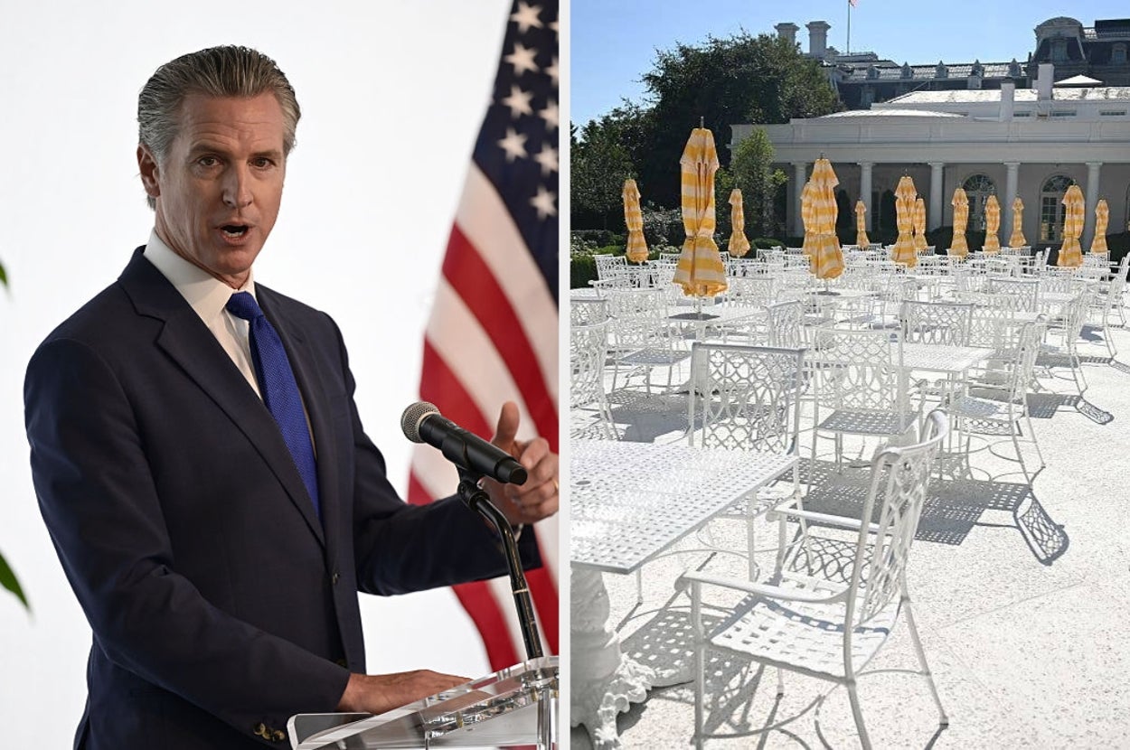 A person in a suit speaks at a podium with a flag in the background; adjacent is an outdoor seating area with multiple empty white tables and chairs