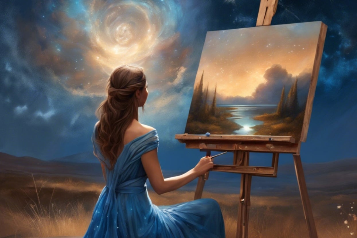 A woman in an elegant, off-the-shoulder dress paints a serene landscape with a glowing sky on a canvas