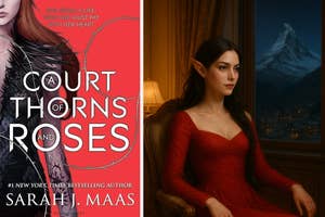 Book cover for "A Court of Thorns and Roses" alongside AI artwork of a woman in a red dress with pointed ears, seated by a window with a mountain view