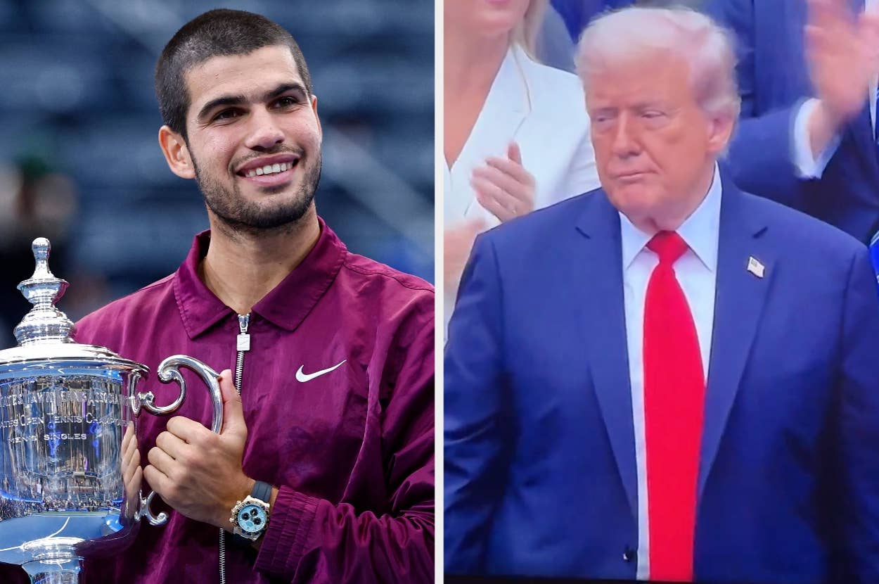 A person holding a trophy in sports attire; another person in a suit and red tie at an event