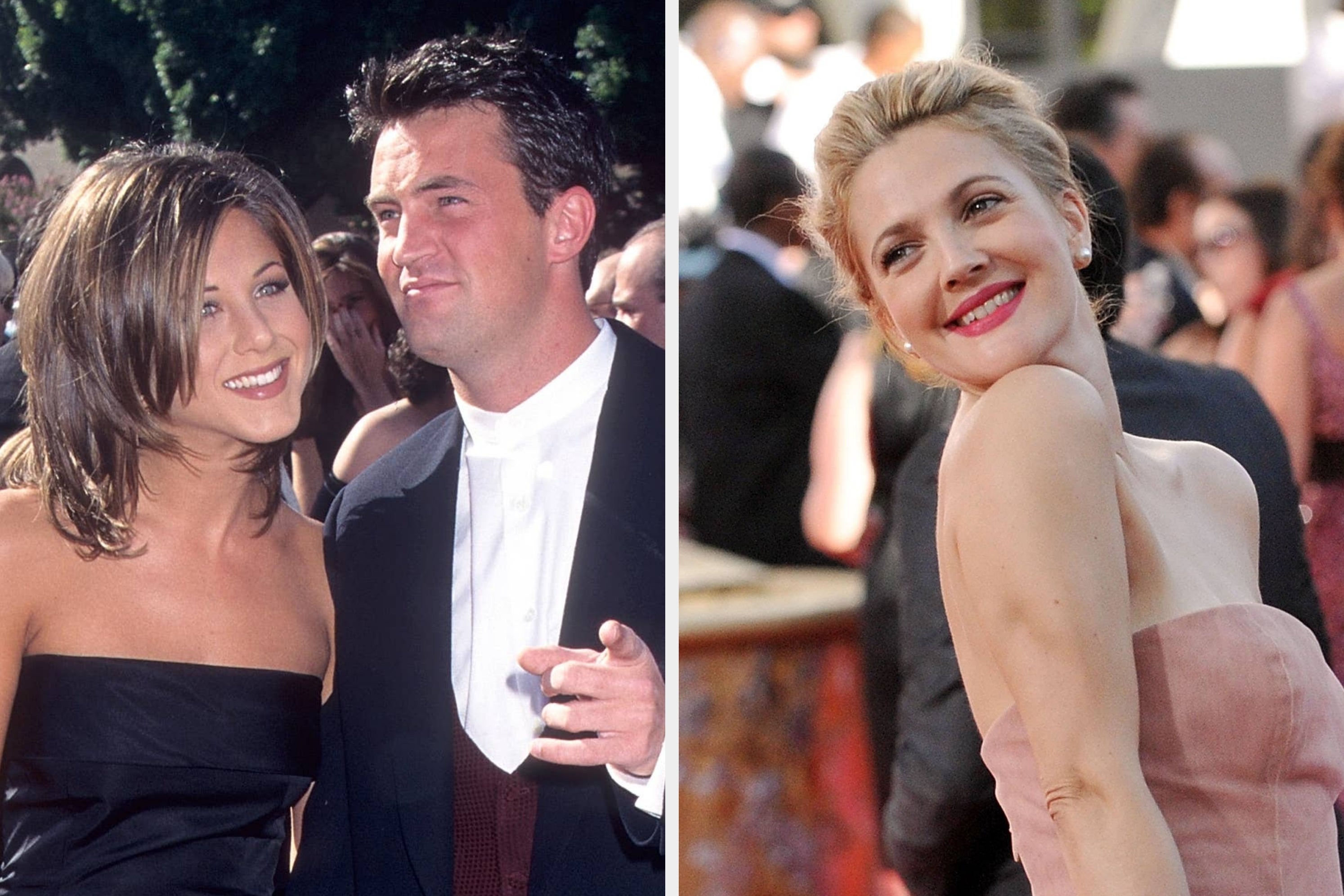 Left: Jennifer Aniston and Matthew Perry at an event. Right: Drew Barrymore posing on a red carpet