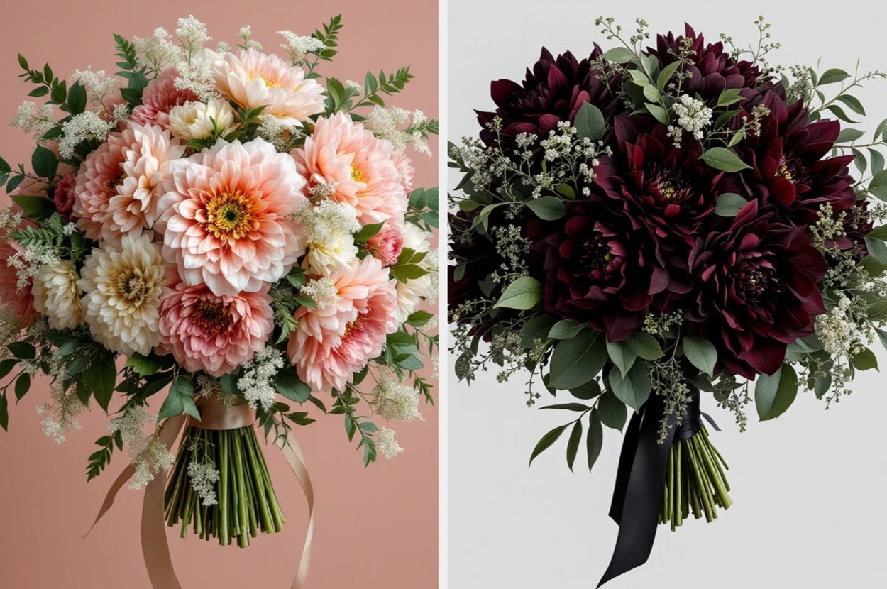 Two bouquets: left has light-colored flowers with greenery, tied with a ribbon; right has dark flowers and leaves, accented with tiny white blooms