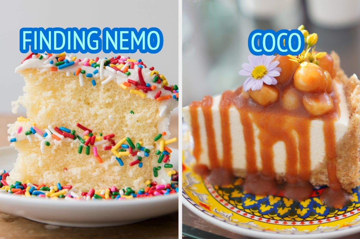 Two cakes: Left has multicolored sprinkles labeled "Finding Nemo." Right has caramel and nuts labeled "Coco."