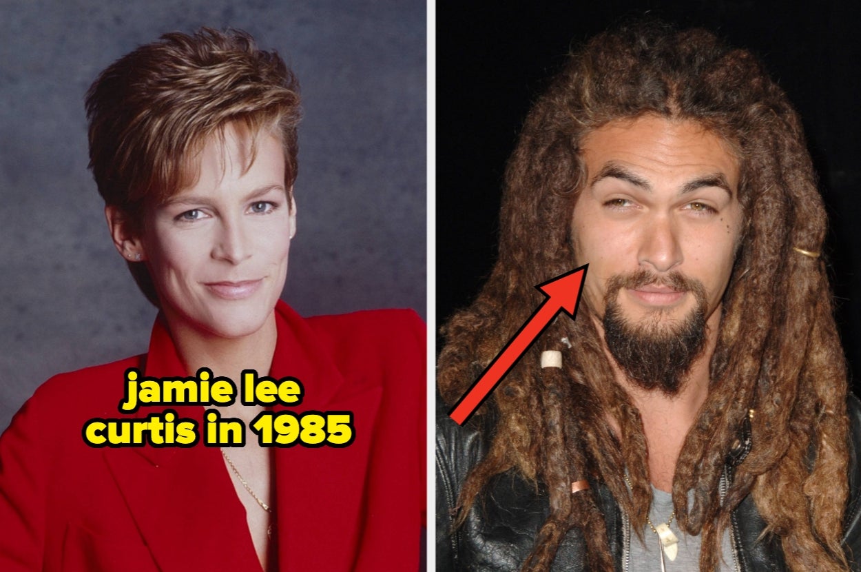 Two side-by-side images: Left shows a person with short hair and a blazer. Right shows a person with dreadlocks, with an arrow and text pointing to them