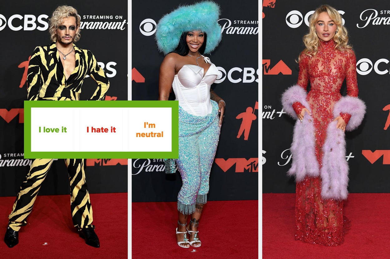 Three individuals in bold, stylish outfits pose on a red carpet at an event. Mood chart: love, hate, neutral