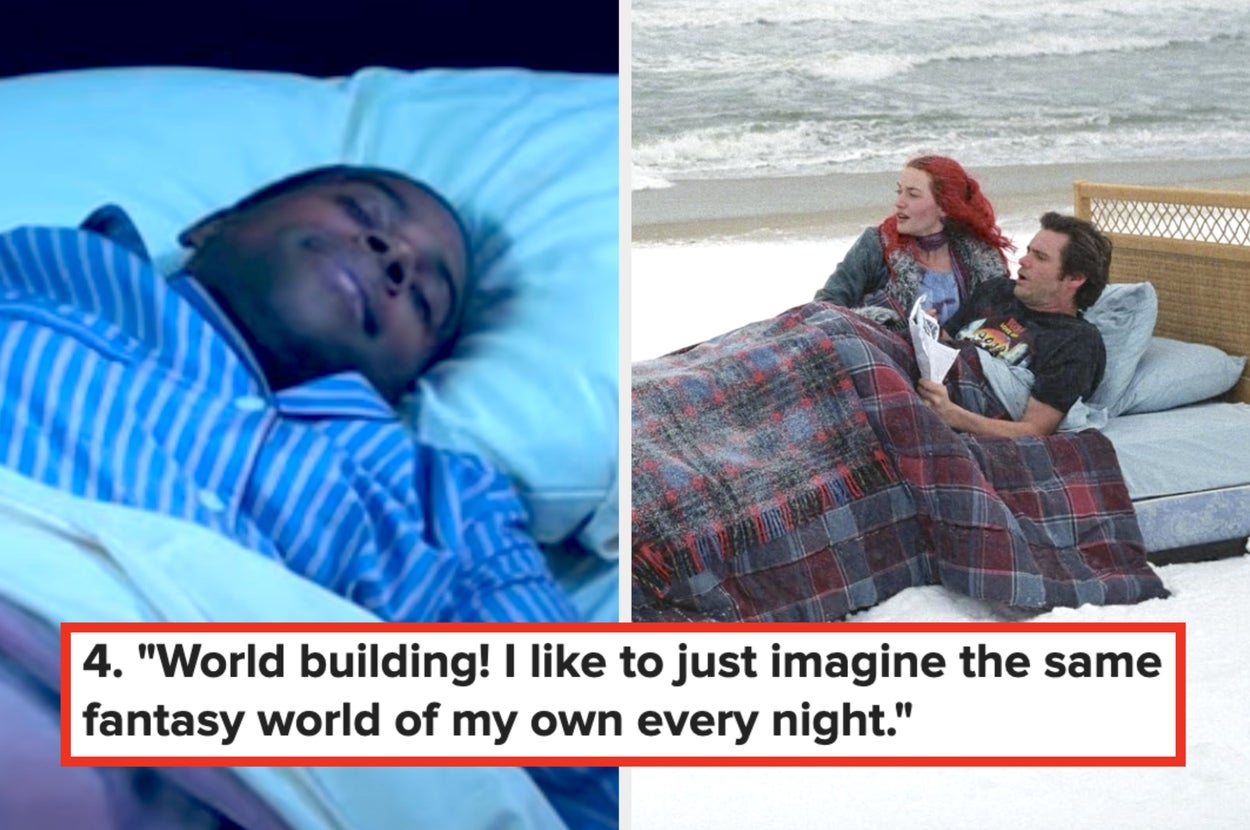Two people sit on a bed at the beach under a blanket, with one holding a magazine. Text below reads: "World building!... imagine the same fantasy world..."