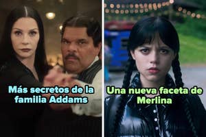 Montaje de dos escenas: una pareja bailando con expresión seria, y una joven con dos trenzas luciendo pensativa. Texto sobre familia Addams