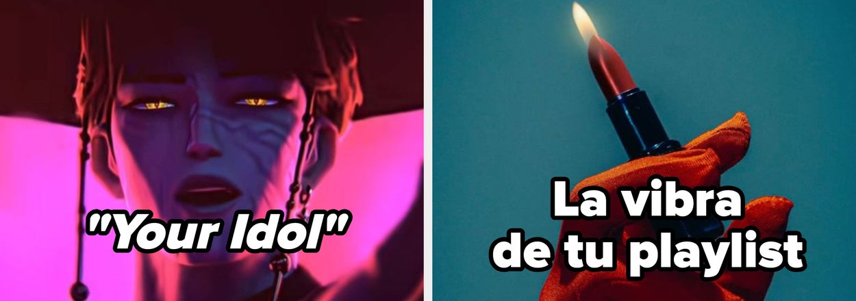 Left: Animated character with intense expression, titled "Your Idol." Right: Hand holding lipstick, captioned "La vibra de tu playlist."